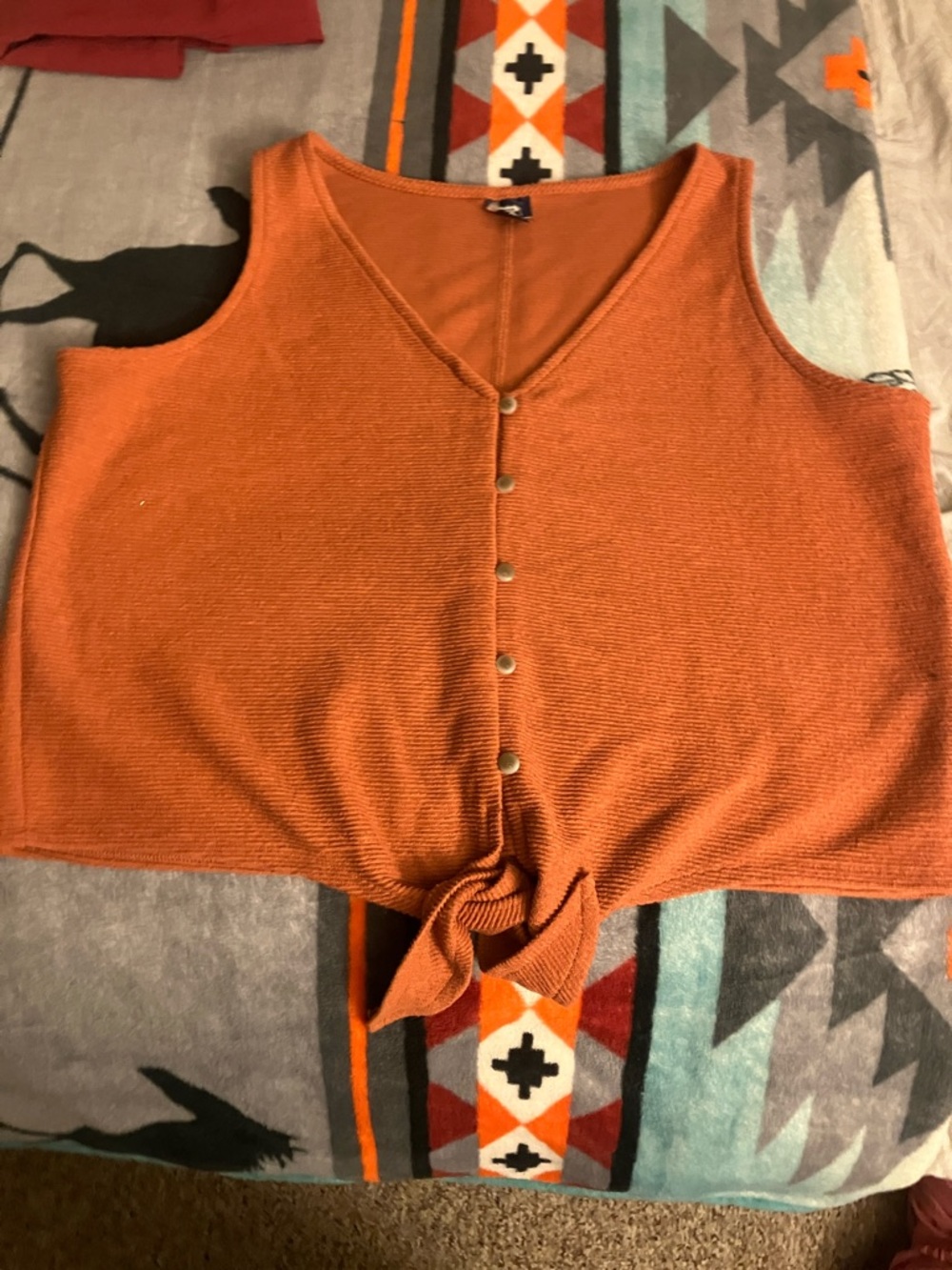 Route 66 Rust Orange Button-Tie V-Neck Tank Terra Cotta summer top